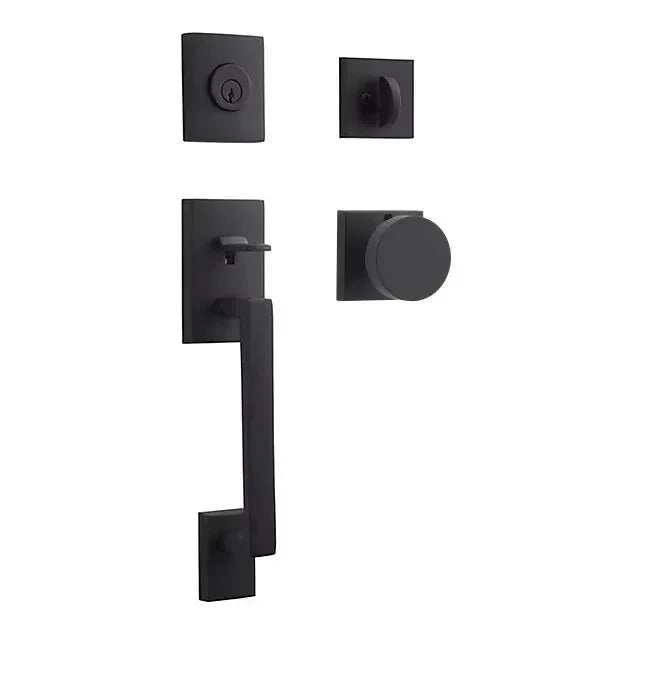 The Baldwin Reserve La Jolla Handleset with Interior Contemporary Knob with Contemporary Square Rosette in Satin Black finish.