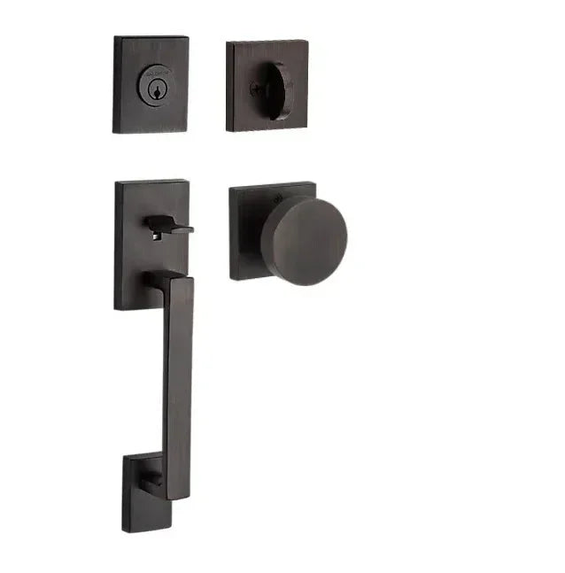 The Baldwin Reserve La Jolla Handleset with Interior Contemporary Knob with Contemporary Square Rosette in Venetian Bronze finish.