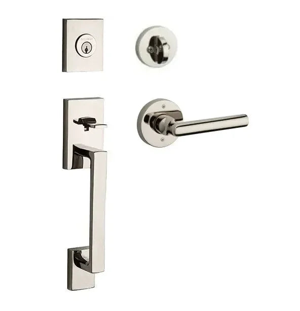 The Baldwin Reserve La Jolla Handleset with Interior Tube Lever with Contemporary Round Rosette in Lifetime Polished Nickel finish.