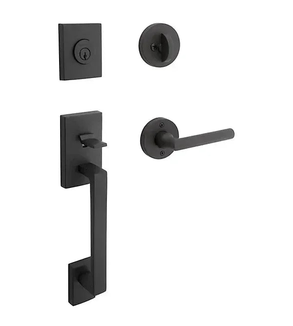 The Baldwin Reserve La Jolla Handleset with Interior Tube Lever with Contemporary Round Rosette in Satin Black finish.
