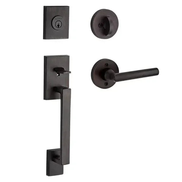 The Baldwin Reserve La Jolla Handleset with Interior Tube Lever with Contemporary Round Rosette in Venetian Bronze finish.
