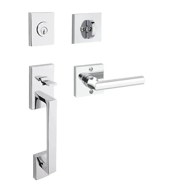 The Baldwin Reserve La Jolla Handleset with Interior Tube Lever with Contemporary Square Rosette in Polished Chrome finish.
