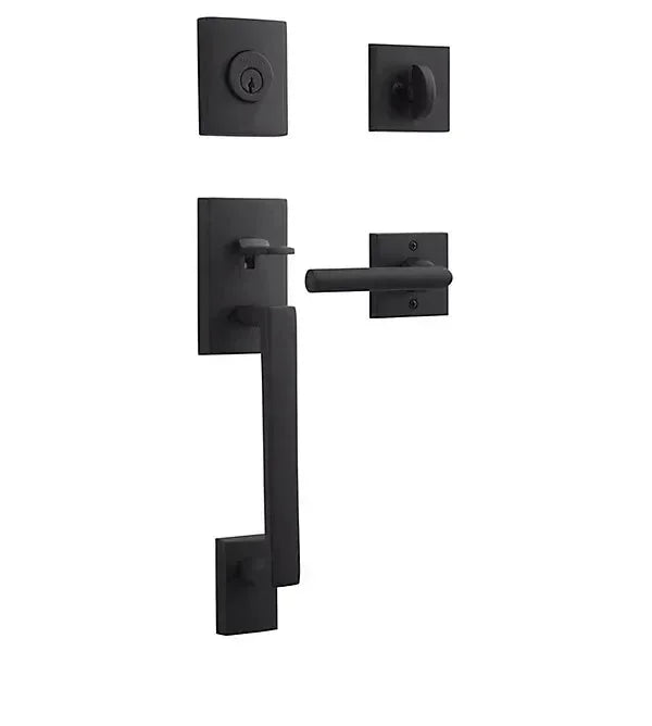 The Baldwin Reserve La Jolla Handleset with Interior Tube Lever with Contemporary Square Rosette in Satin Black finish.