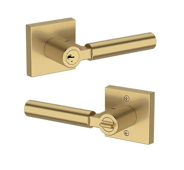 Baldwin Lake Forest Lever with Contemporary Square Rosette in Lifetime Satin Brass finish