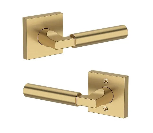 Baldwin Lake Forest Lever with Contemporary Square Rosette in Lifetime Satin Brass finish