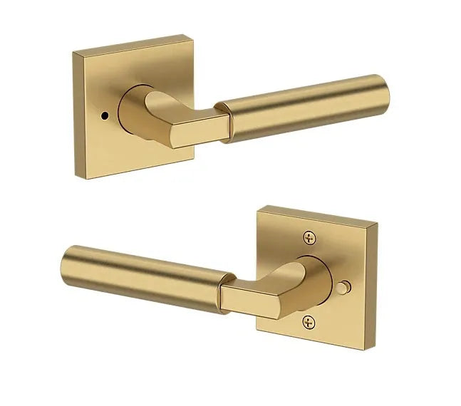 Baldwin Lake Forest Lever with Contemporary Square Rosette in Lifetime Satin Brass finish
