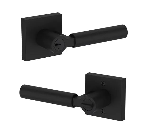 Baldwin Lake Forest Lever with Contemporary Square Rosette in Satin Black finish