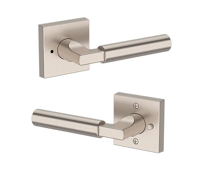 Baldwin Lake Forest Lever with Contemporary Square Rosette in Satin Nickel finish