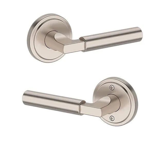 Baldwin Lake Forest Lever with Stepped Round Rosette in Satin Nickel finish