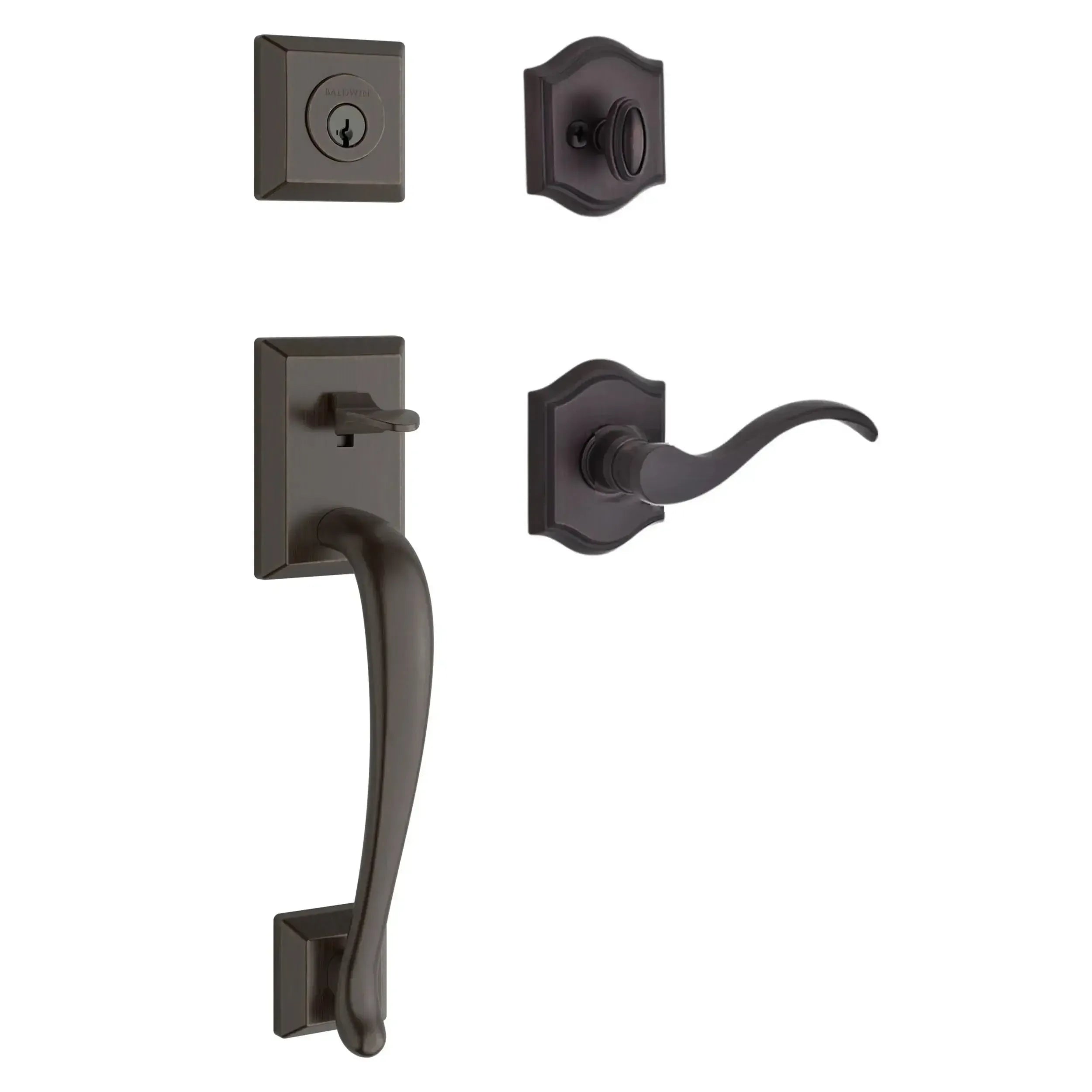 Baldwin Napa Handleset with Interior Curve Lever with Traditional Arch Rosette in Venetian Bronze finish