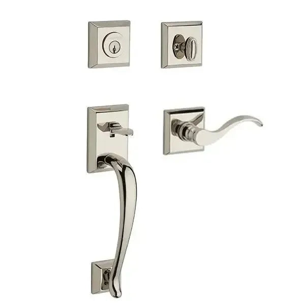 Baldwin Napa Handleset with Interior Curve Lever with Traditional Square Rosette in Lifetime Polished Nickel finish