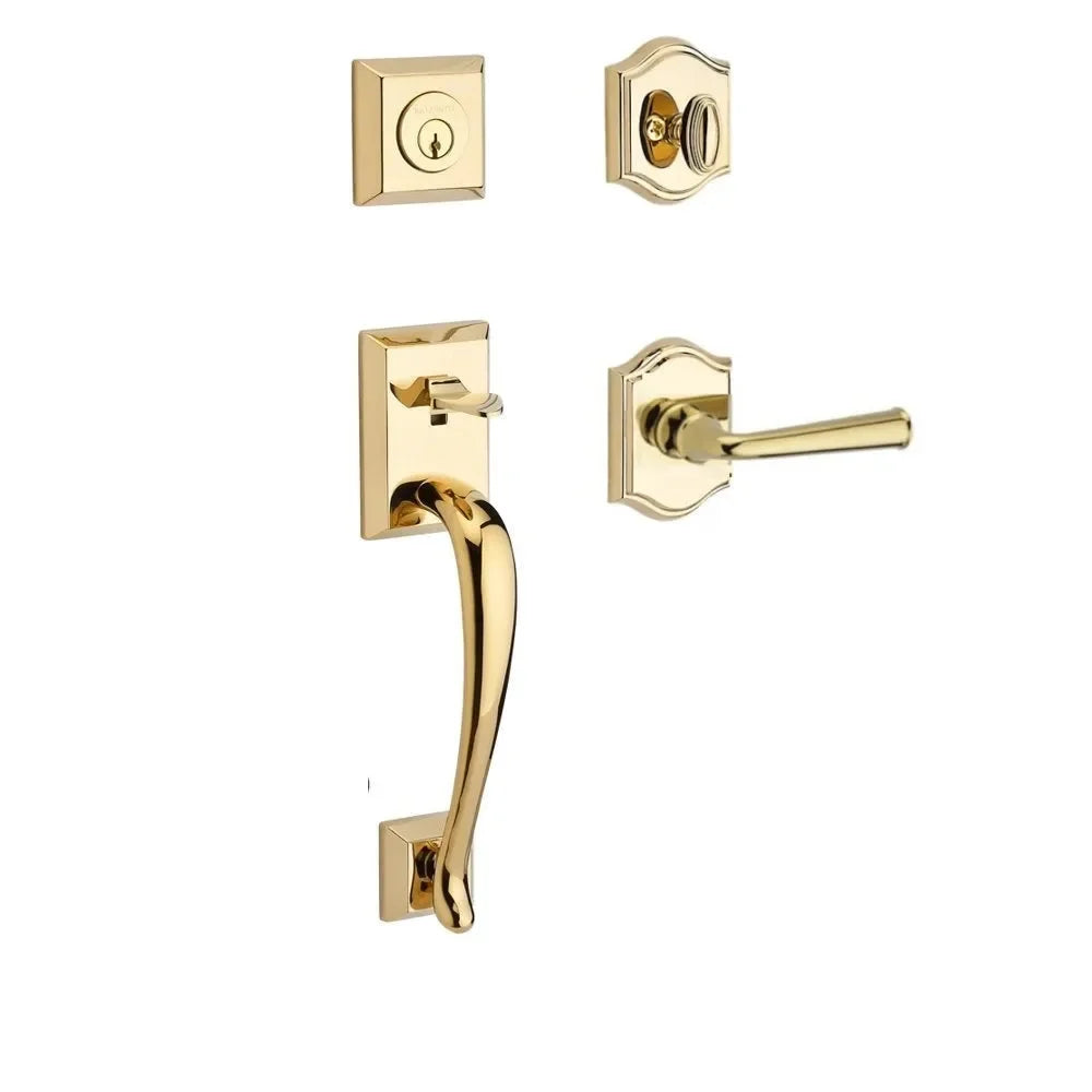 The Baldwin Reserve Napa Handleset with Interior Federal Lever with Traditional Arch Rosette in Lifetime Polished Brass finish.