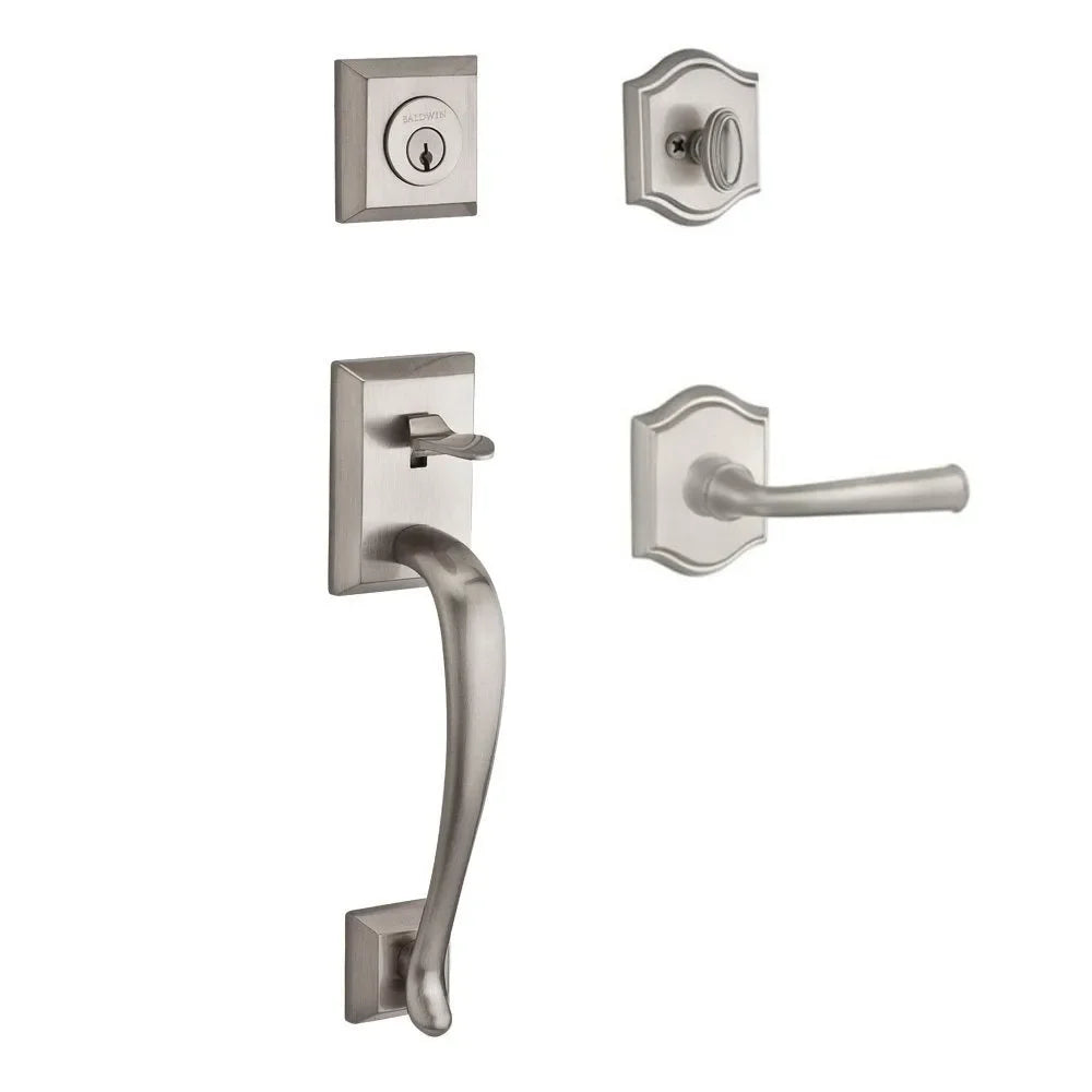 The Baldwin Reserve Napa Handleset with Interior Federal Lever with Traditional Arch Rosette in Lifetime Satin Nickel finish.
