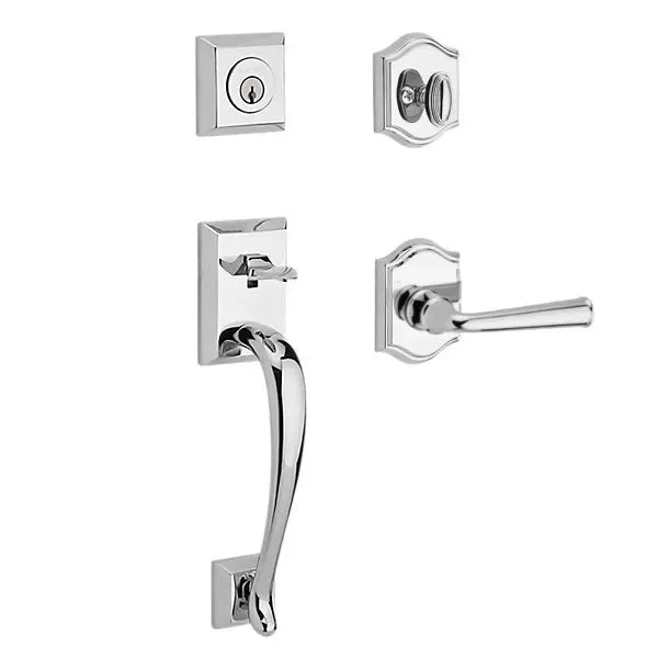 The Baldwin Reserve Napa Handleset with Interior Federal Lever with Traditional Arch Rosette in Polished Chrome finish.