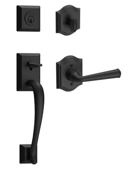 The Baldwin Reserve Napa Handleset with Interior Federal Lever with Traditional Arch Rosette in Satin Black finish.