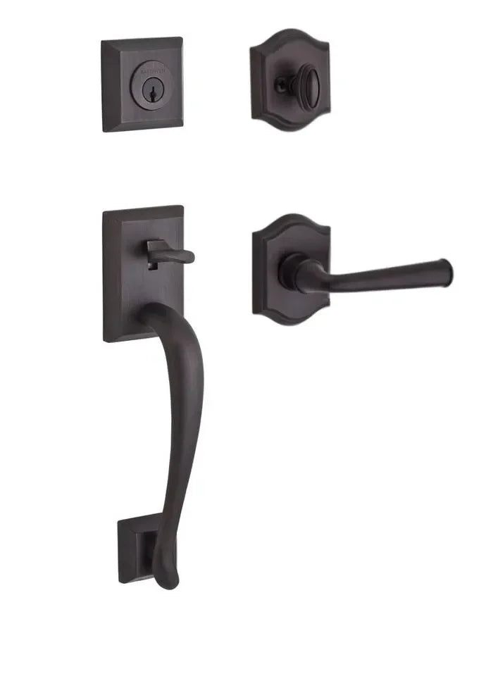 The Baldwin Reserve Napa Handleset with Interior Federal Lever with Traditional Arch Rosette in Venetian Bronze finish.