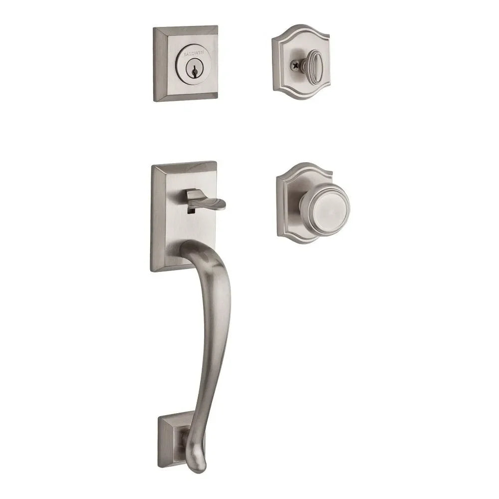 Baldwin Napa Handleset with Interior Traditional Knob with Traditional Arch Rosette Lifetime Satin Nickel