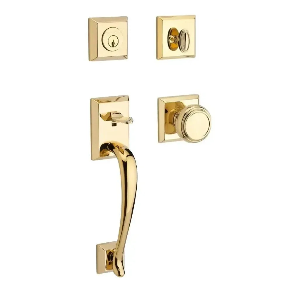 Baldwin Napa Handleset with Interior Traditional Knob with Traditional Square Rosette in Lifetime Polished Brass finish