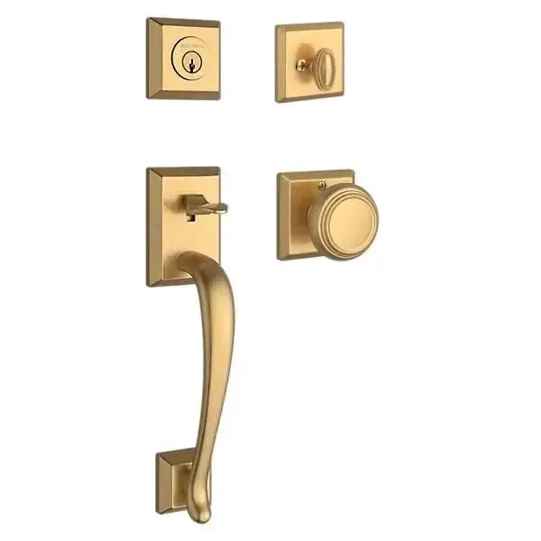 Baldwin Napa Handleset with Interior Traditional Knob with Traditional Square Rosette in Lifetime Satin Brass finish