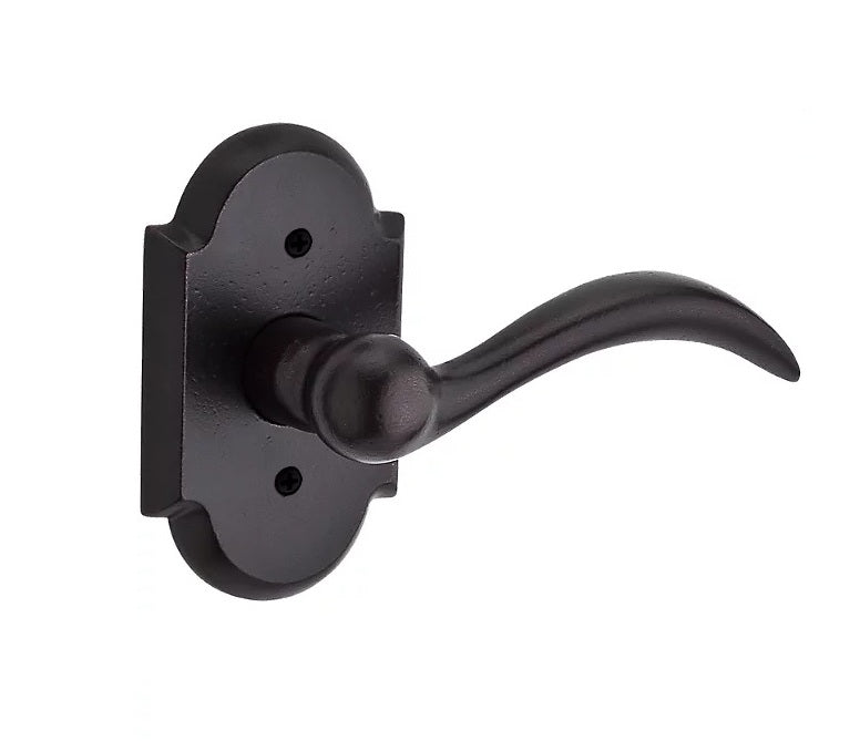 The Baldwin Reserve Arch Lever with Rustic Arch Rosette in Dark Bronze finish.