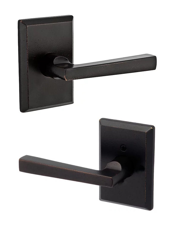 The Baldwin Reserve Taper Lever with Rustic Square Rosette in Dark Bronze finish.