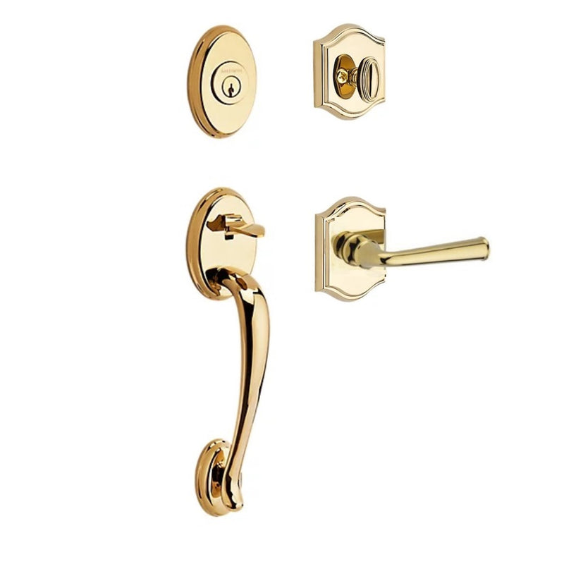 The Baldwin Reserve Columbus Handleset with Interior Federal Lever with Traditional Arch Rosette in Lifetime Polished Brass finish.