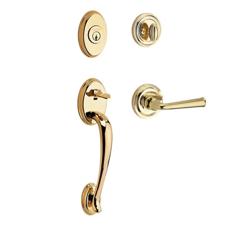 The Baldwin Reserve Columbus Handleset with Interior Federal Lever with Traditional Round Rosette in Lifetime Polished Brass finish.