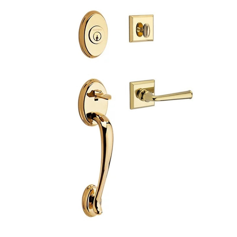 The Baldwin Reserve Columbus Handleset with Interior Federal Lever with Traditional Square Rosette in Lifetime Polished Brass finish.