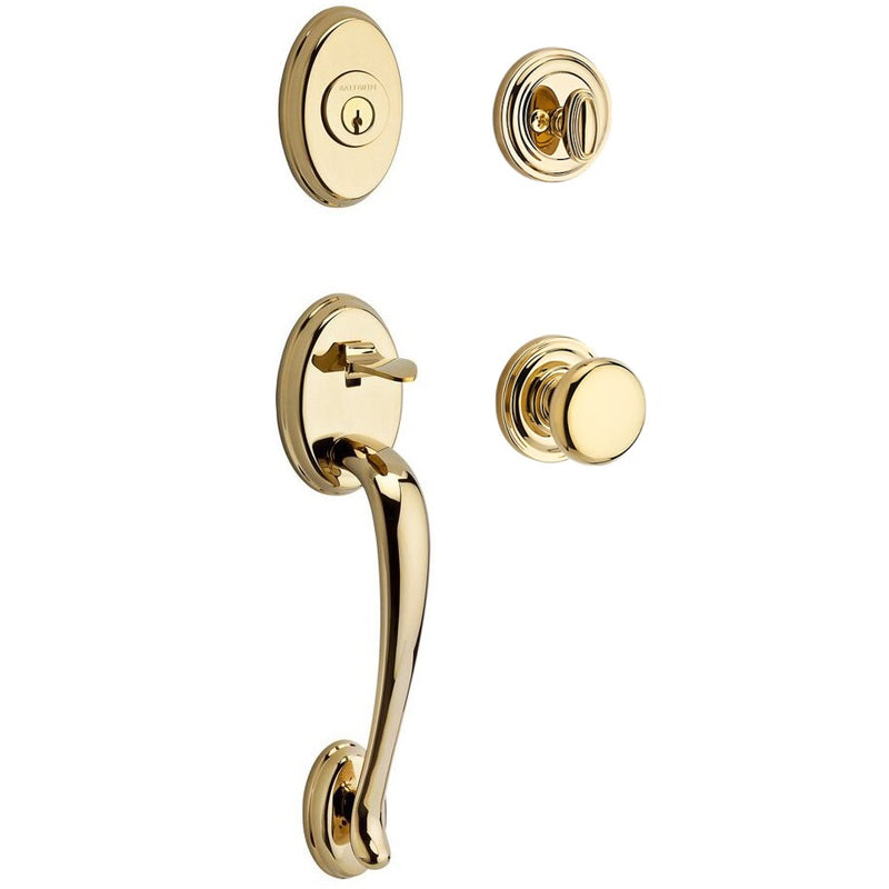 The Baldwin Reserve Columbus Handleset with Interior Round Knob with Traditional Round Rosette in Lifetime Polished Brass finish.