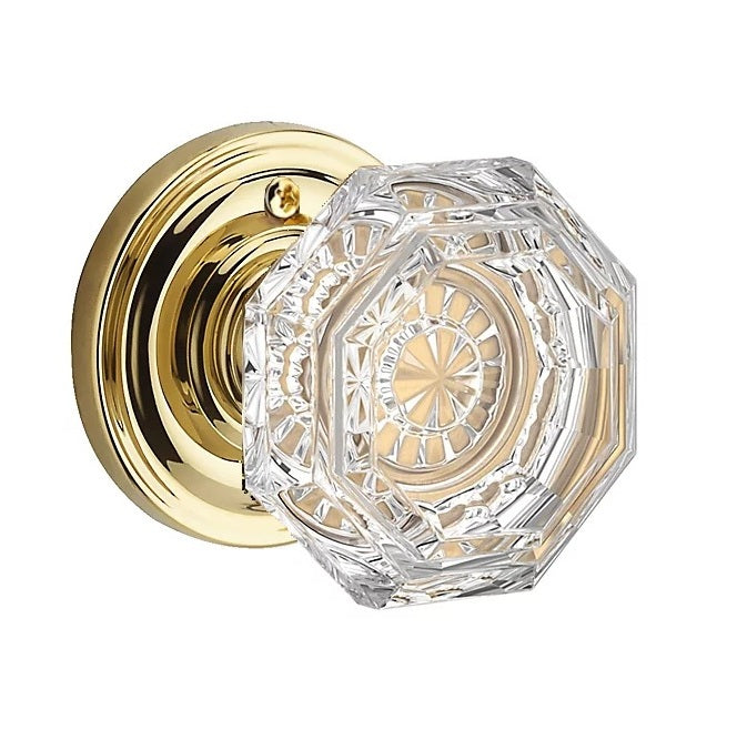The Baldwin Reserve Crystal Knob with Traditional Round Rosette in Lifetime Polished Brass finish.
