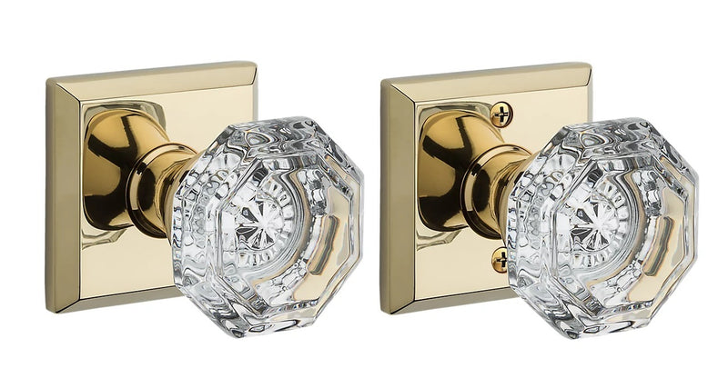 The Baldwin Reserve Crystal Knob with Traditional Square Rosette in Lifetime Polished Brass finish.