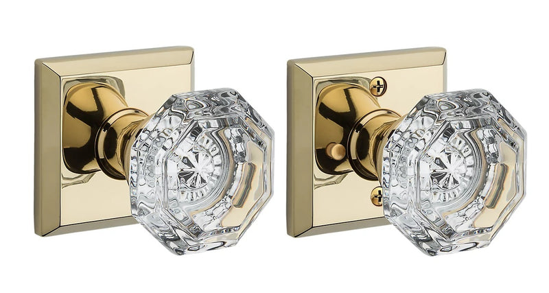 The Baldwin Reserve Crystal Knob with Traditional Square Rosette in Lifetime Polished Brass finish.