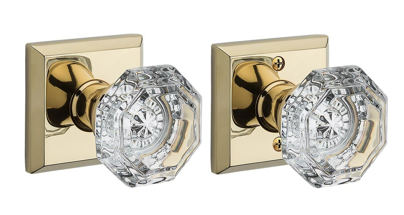 The Baldwin Reserve Crystal Knob with Traditional Square Rosette in Lifetime Polished Brass finish.