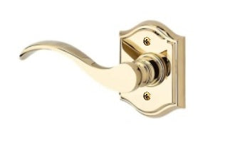The Baldwin Reserve Curve Lever with Traditional Arch Rosette in Lifetime Polished Brass finish.
