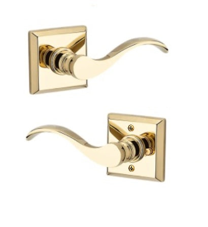 The Baldwin Reserve Curve Lever with Traditional Square Rosette in Lifetime Polished Brass finish.