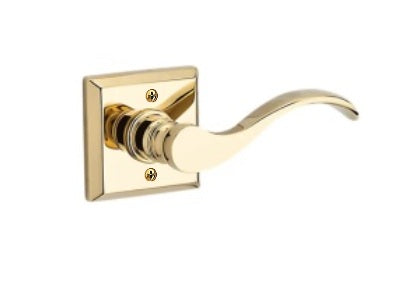 The Baldwin Reserve Curve Lever with Traditional Square Rosette in Lifetime Polished Brass finish.