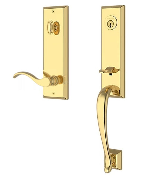 The Baldwin Reserve Del Mar Handleset with Interior Curve Lever with Square Bevel Rosette in Lifetime Polished Brass finish.