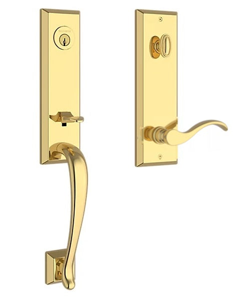 The Baldwin Reserve Del Mar Handleset with Interior Curve Lever with Square Bevel Rosette in Lifetime Polished Brass finish.