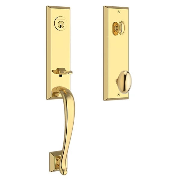 The Baldwin Reserve Del Mar Handleset with Interior Ellipse Knob with Square Bevel Rosette in Lifetime Polished Brass finish.