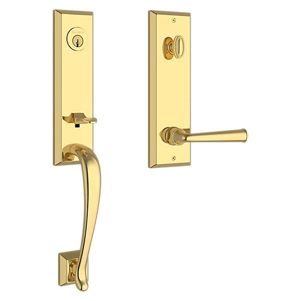 The Baldwin Reserve Del Mar Handleset with Interior Federal Lever with Square Bevel Rosette in Lifetime Polished Brass finish.