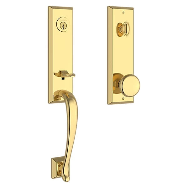 The Baldwin Reserve Del Mar Handleset with Interior Round Knob with Square Bevel Rosette in Lifetime Polished Brass finish.