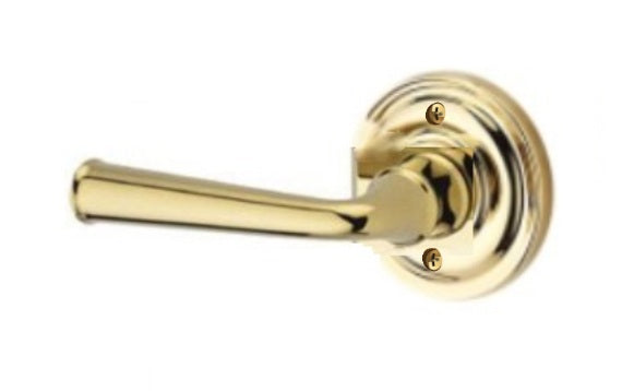 The Baldwin Reserve Federal Lever with Traditional Round Rosette in Lifetime Polished Brass finish.