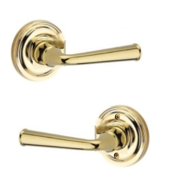The Baldwin Reserve Federal Lever with Traditional Round Rosette in Lifetime Polished Brass finish.