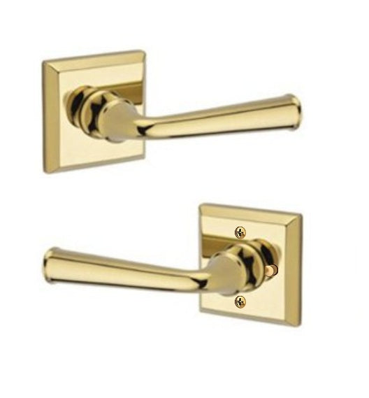 The Baldwin Reserve Federal Lever with Traditional Square Rosette in Lifetime Polished Brass finish.
