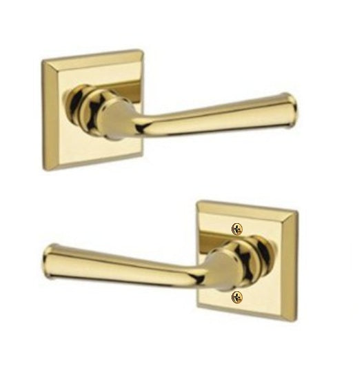 The Baldwin Reserve Federal Lever with Traditional Square Rosette in Lifetime Polished Brass finish.
