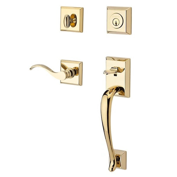 The Baldwin Reserve Napa Handleset with Interior Curve Lever with Traditional Square Rosette in Lifetime Polished Brass finish.