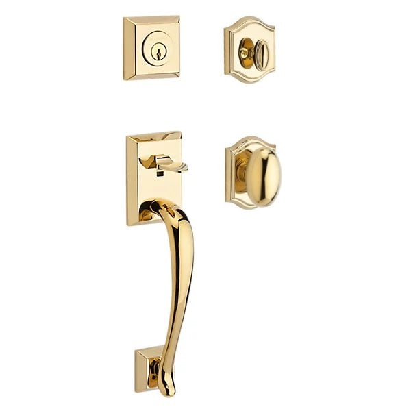 The Baldwin Reserve Napa Handleset with Interior Ellipse Knob with Traditional Arch Rosette in Lifetime Polished Brass finish.