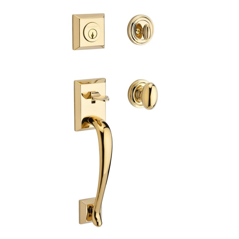 The Baldwin Reserve Napa Handleset with Interior Ellipse Knob with Traditional Round Rosette in Lifetime Polished Brass finish.