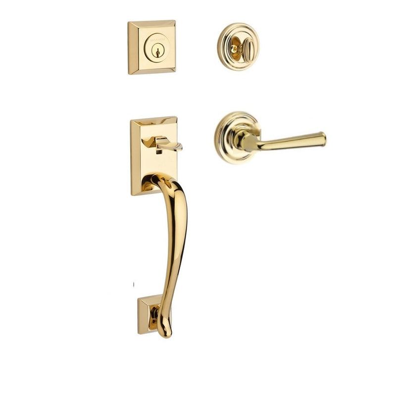 The Baldwin Reserve Napa Handleset with Interior Federal Lever with Traditional Round Rosette in Lifetime Polished Brass finish.