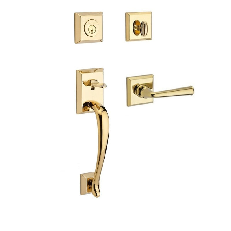 The Baldwin Reserve Napa Handleset with Interior Federal Lever with Traditional Square Rosette in Lifetime Polished Brass finish.